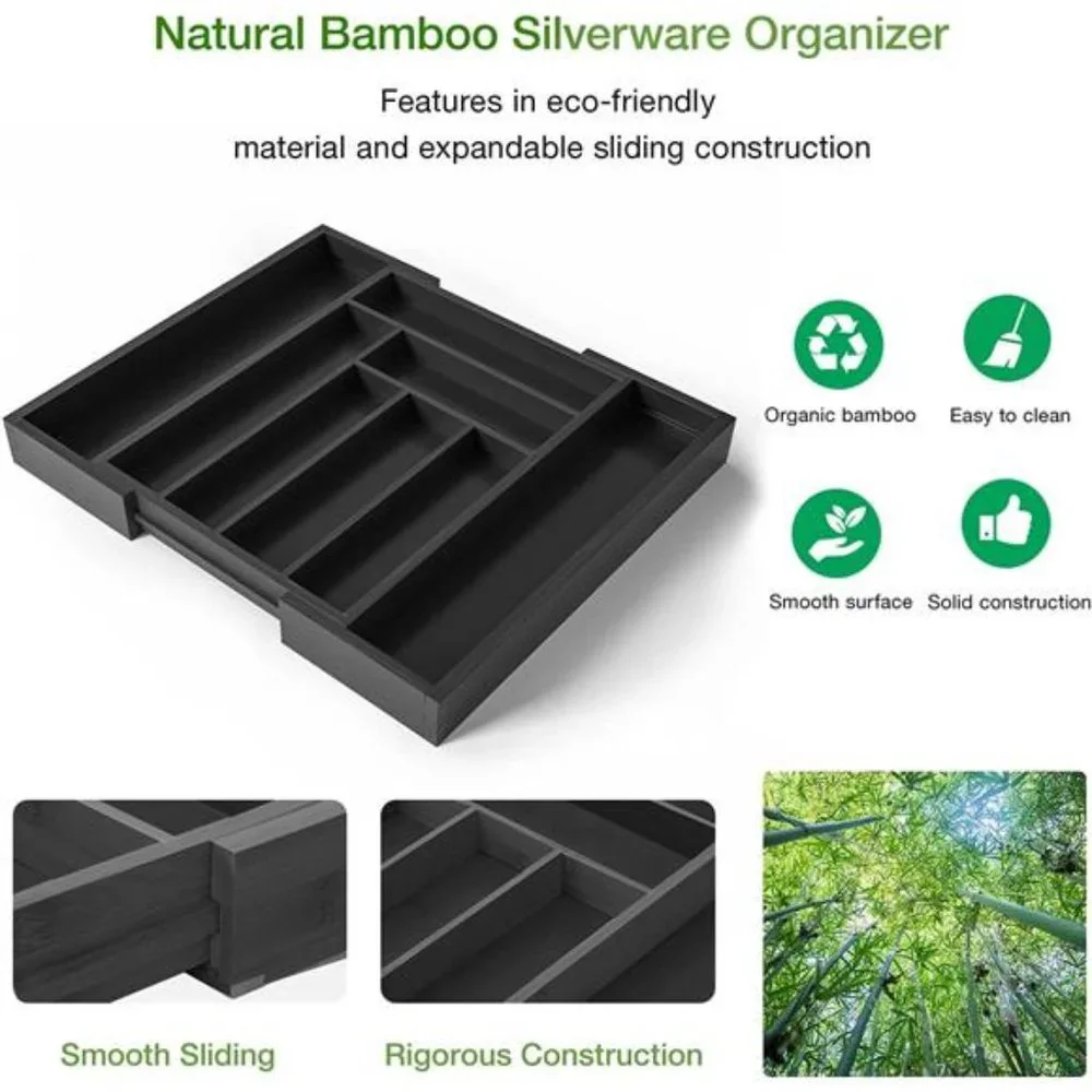 Bamboo Expandable Drawer Organizer for Utensils Holder, Adjustable Cutlery Tray